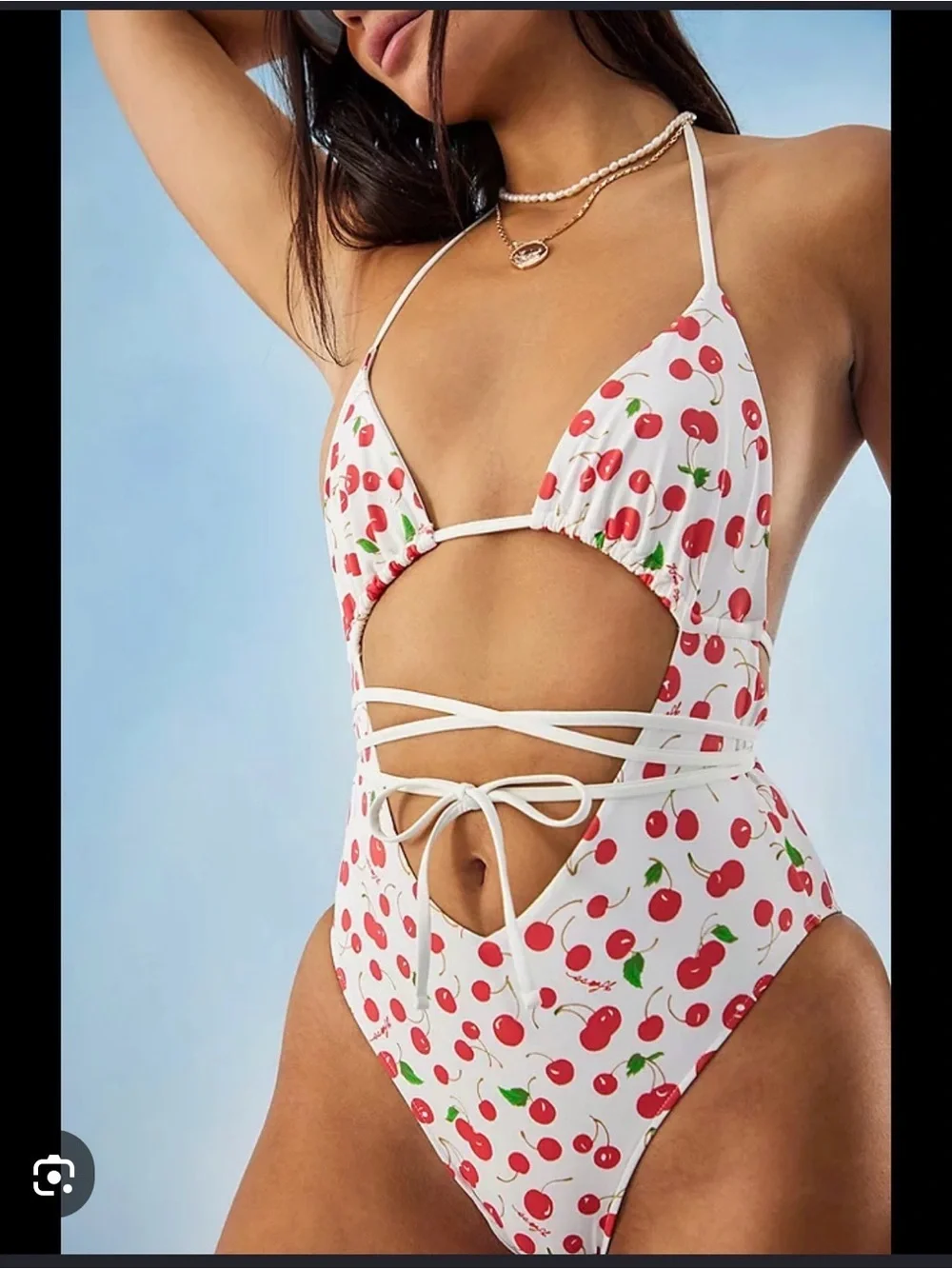 NWOT Frankie's Bikinis White Cherry Cutout One-Piece Swimsuit Sz medium